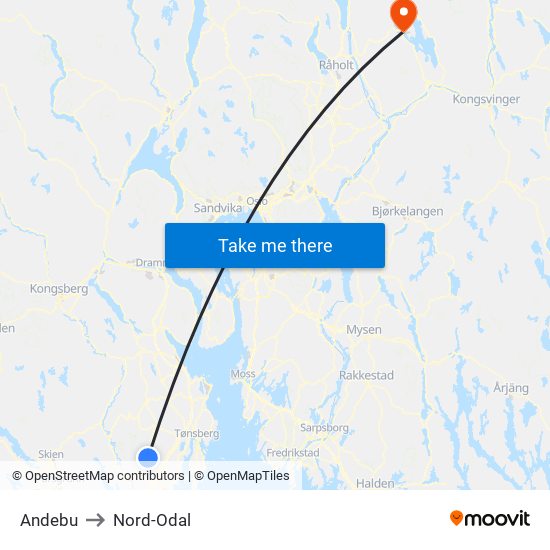 Andebu to Nord-Odal map