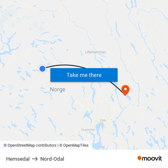 Hemsedal to Nord-Odal map