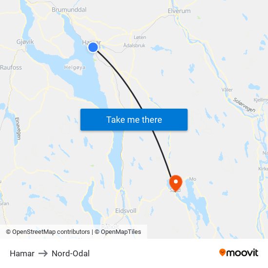 Hamar to Nord-Odal map