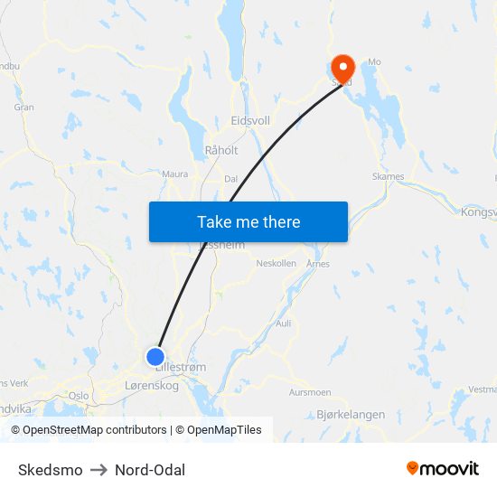 Skedsmo to Nord-Odal map