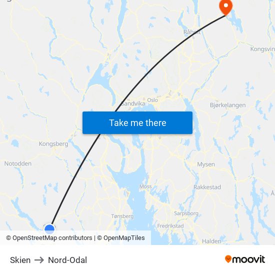 Skien to Nord-Odal map