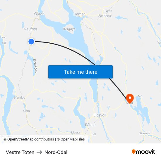 Vestre Toten to Nord-Odal map