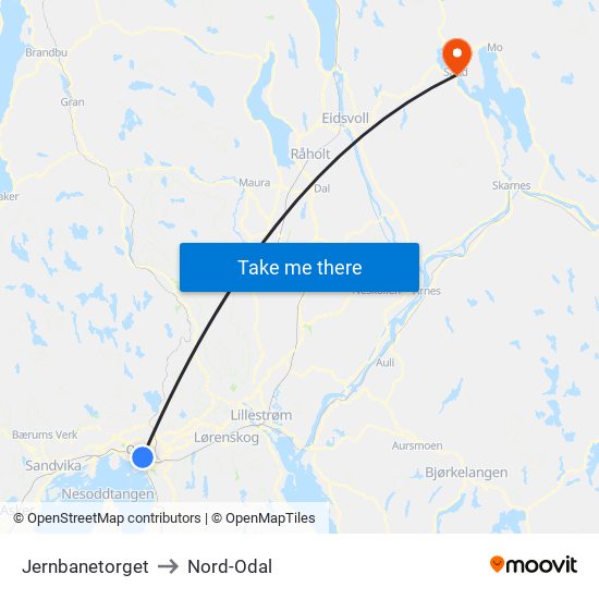 Jernbanetorget to Nord-Odal map