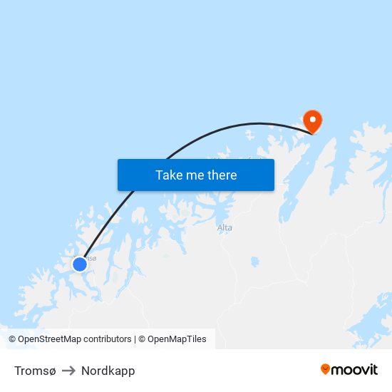 Tromsø to Nordkapp map