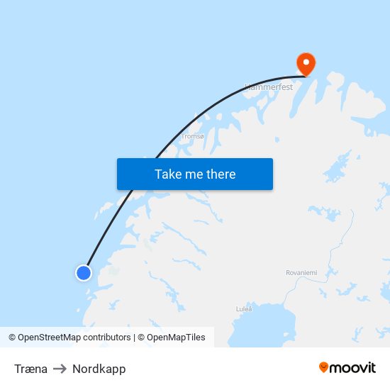 Træna to Nordkapp map