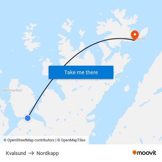 Kvalsund to Nordkapp map