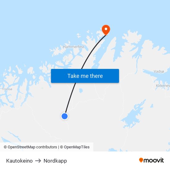 Kautokeino to Nordkapp map