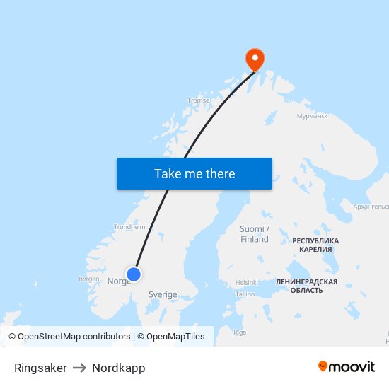 Ringsaker to Nordkapp map