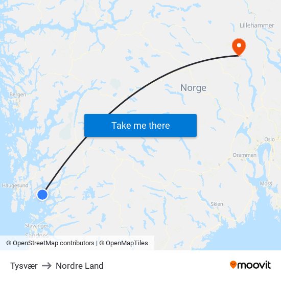 Tysvær to Nordre Land map