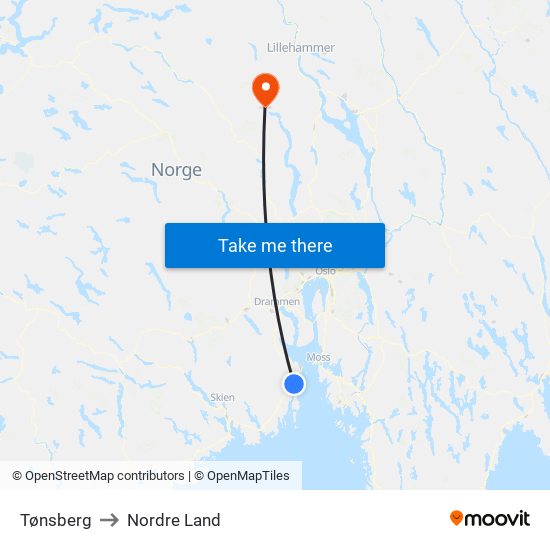 Tønsberg to Nordre Land map