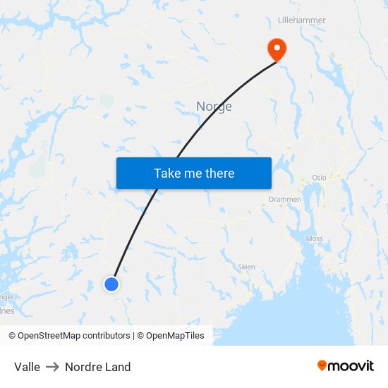 Valle to Nordre Land map