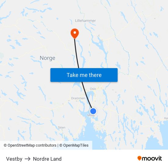 Vestby to Nordre Land map