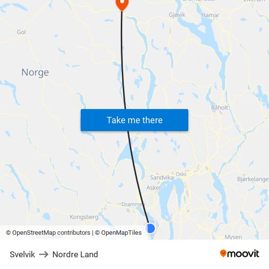 Svelvik to Nordre Land map