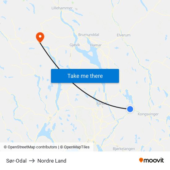 Sør-Odal to Nordre Land map