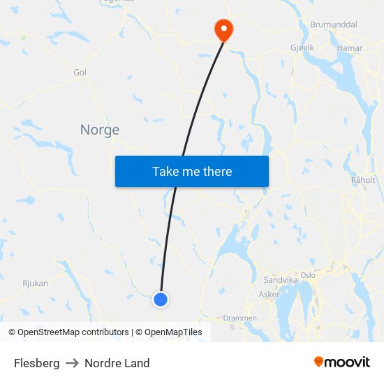 Flesberg to Nordre Land map