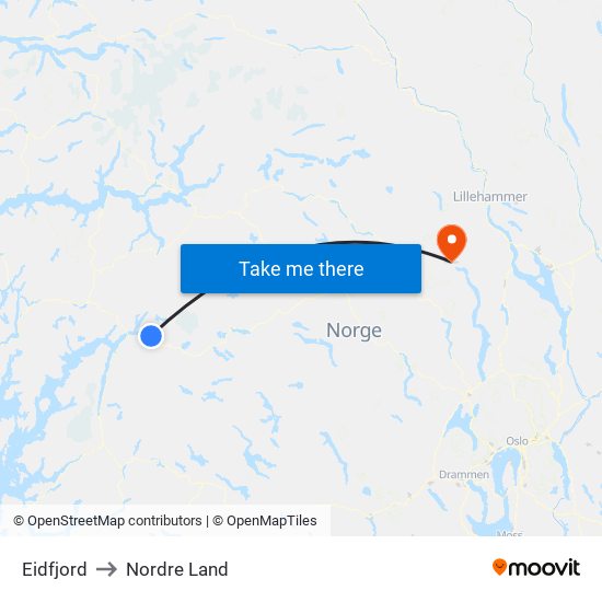 Eidfjord to Nordre Land map