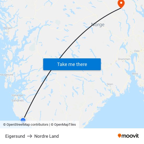 Eigersund to Nordre Land map