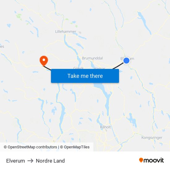 Elverum to Nordre Land map