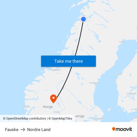 Fauske to Nordre Land map