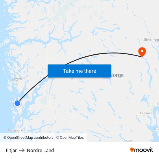 Fitjar to Nordre Land map