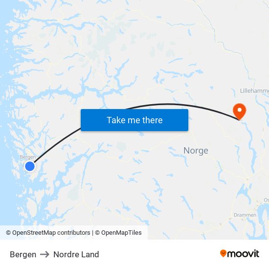 Bergen to Nordre Land map