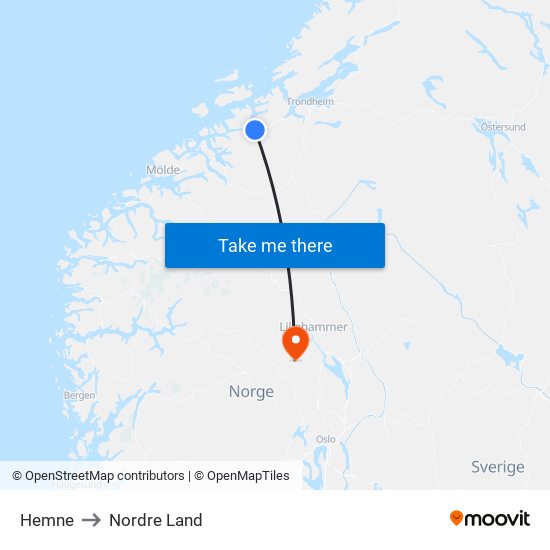 Hemne to Nordre Land map