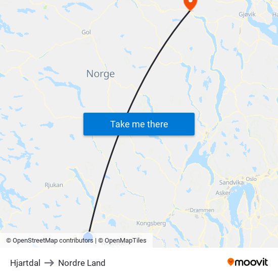 Hjartdal to Nordre Land map