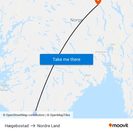 Hægebostad to Nordre Land map