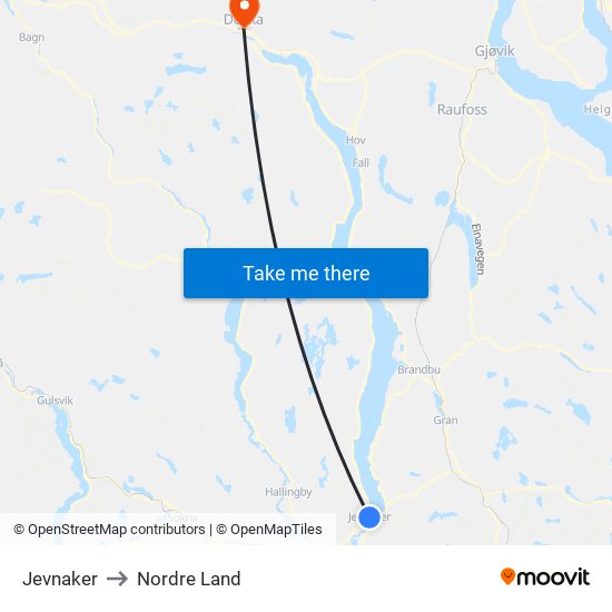 Jevnaker to Nordre Land map