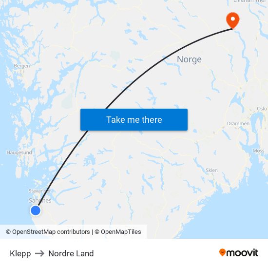 Klepp to Nordre Land map