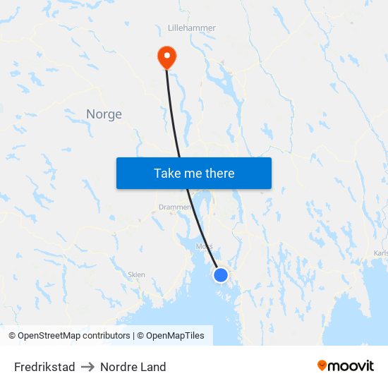 Fredrikstad to Nordre Land map