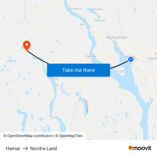 Hamar to Nordre Land map