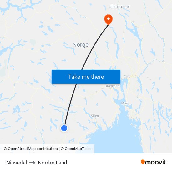 Nissedal to Nordre Land map