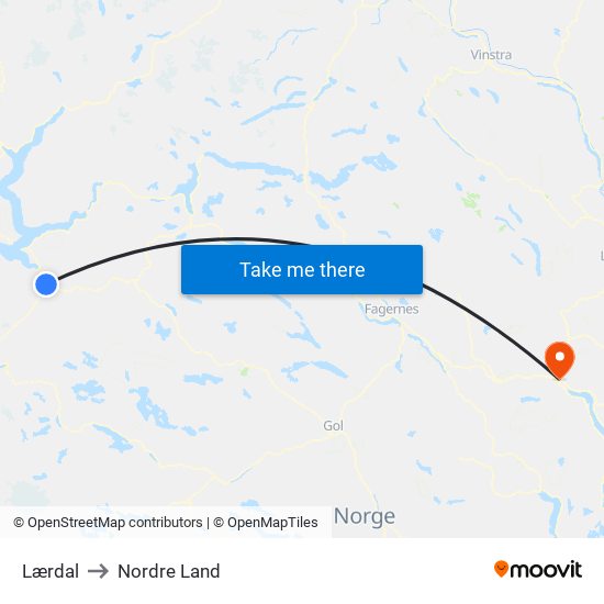 Lærdal to Nordre Land map