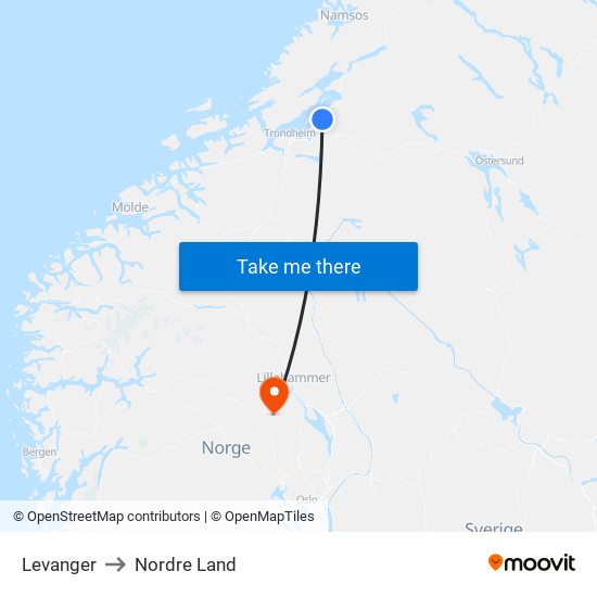 Levanger to Nordre Land map