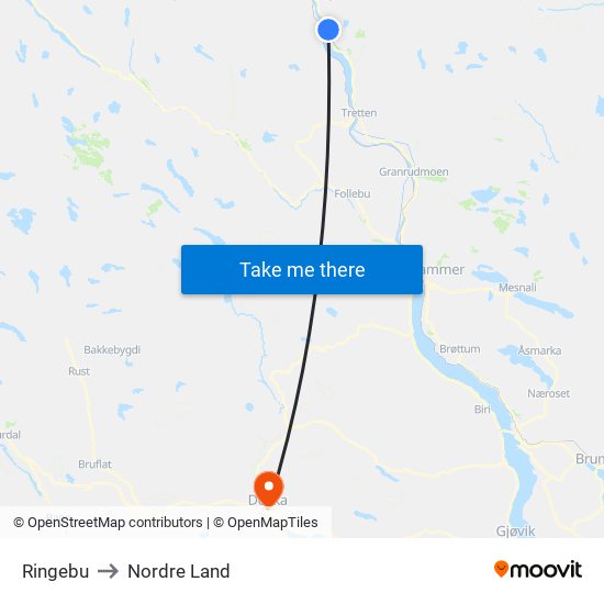 Ringebu to Nordre Land map