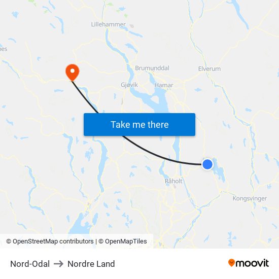 Nord-Odal to Nordre Land map