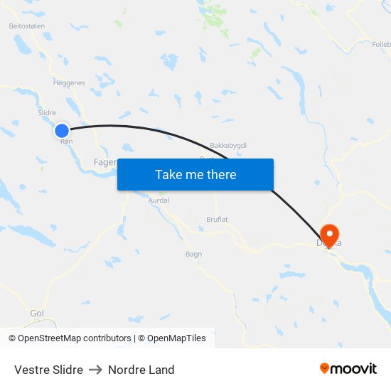 Vestre Slidre to Nordre Land map