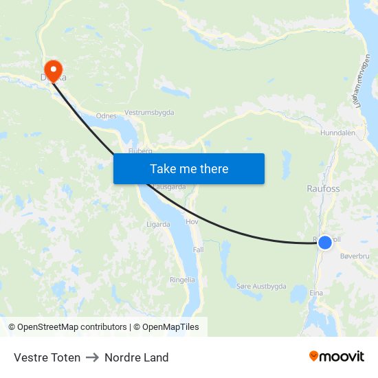 Vestre Toten to Nordre Land map