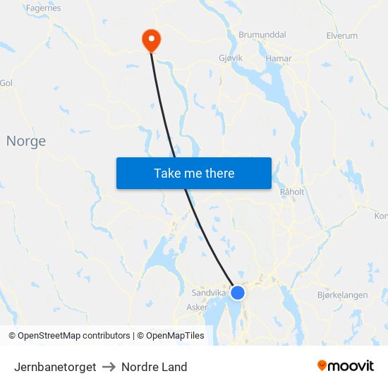 Jernbanetorget to Nordre Land map