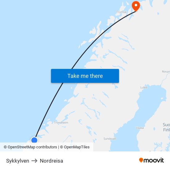 Sykkylven to Nordreisa map