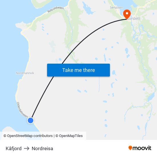 Kåfjord to Nordreisa map