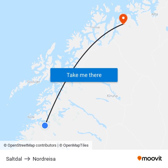 Saltdal to Nordreisa map