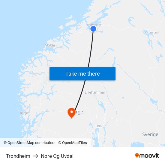 Trondheim to Nore Og Uvdal map