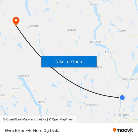 Øvre Eiker to Nore Og Uvdal map