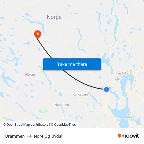 Drammen to Nore Og Uvdal map