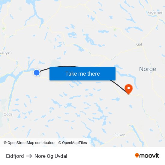 Eidfjord to Nore Og Uvdal map