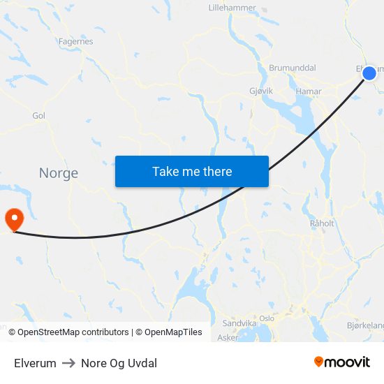 Elverum to Nore Og Uvdal map