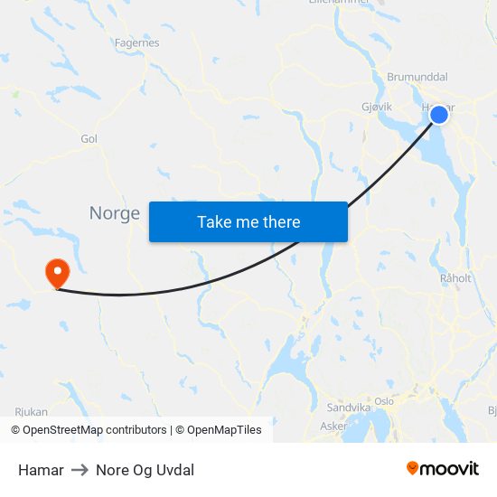 Hamar to Nore Og Uvdal map