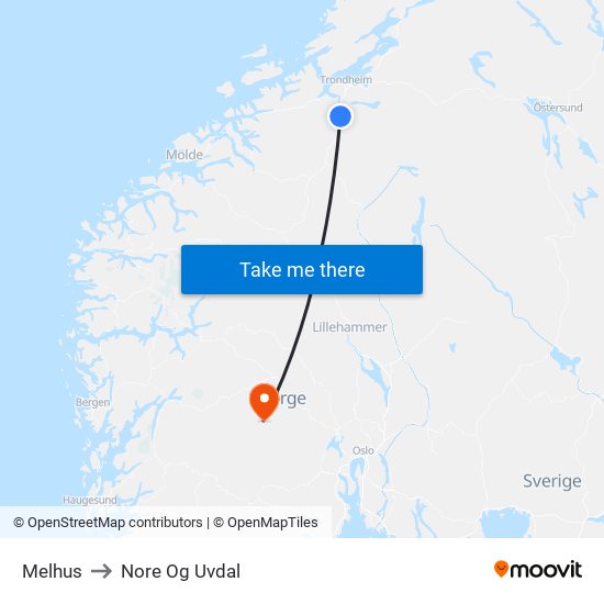 Melhus to Nore Og Uvdal map